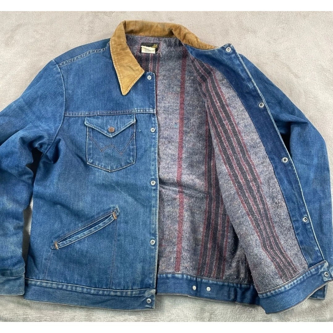 Vtg Wrangler Blanket Lined Denim Jacket Corduroy Collar 40 Made Usa Jl720nv 70s